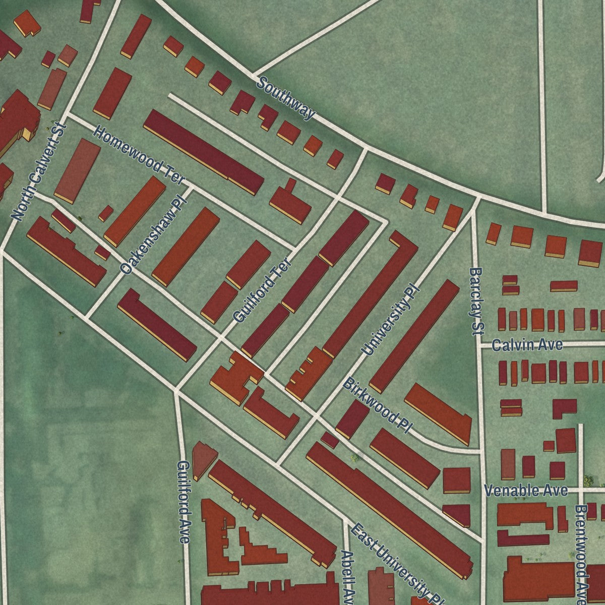 Close-up of the map of Oakenshawe, Maryland print showing street and building detail