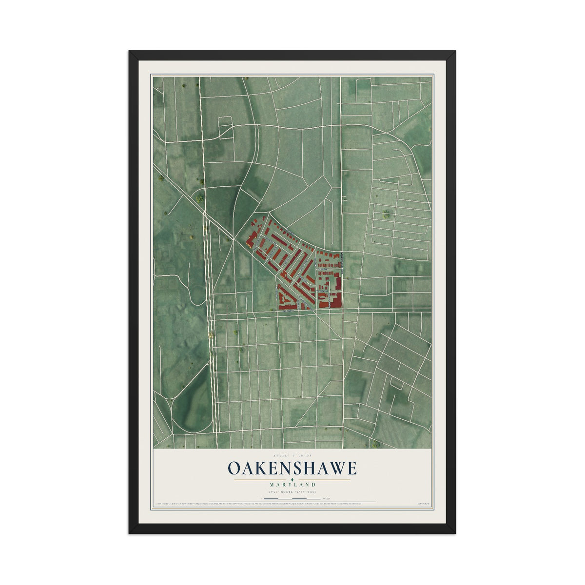 Map of Oakenshawe, Maryland, 12 x 18 inch print in a black wood frame