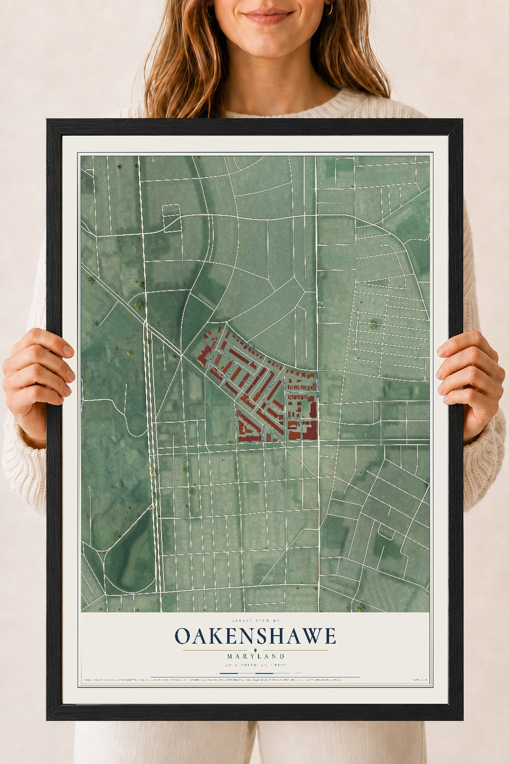 Map of Oakenshawe, Maryland, 18 x 24 inch print in a black wood frame