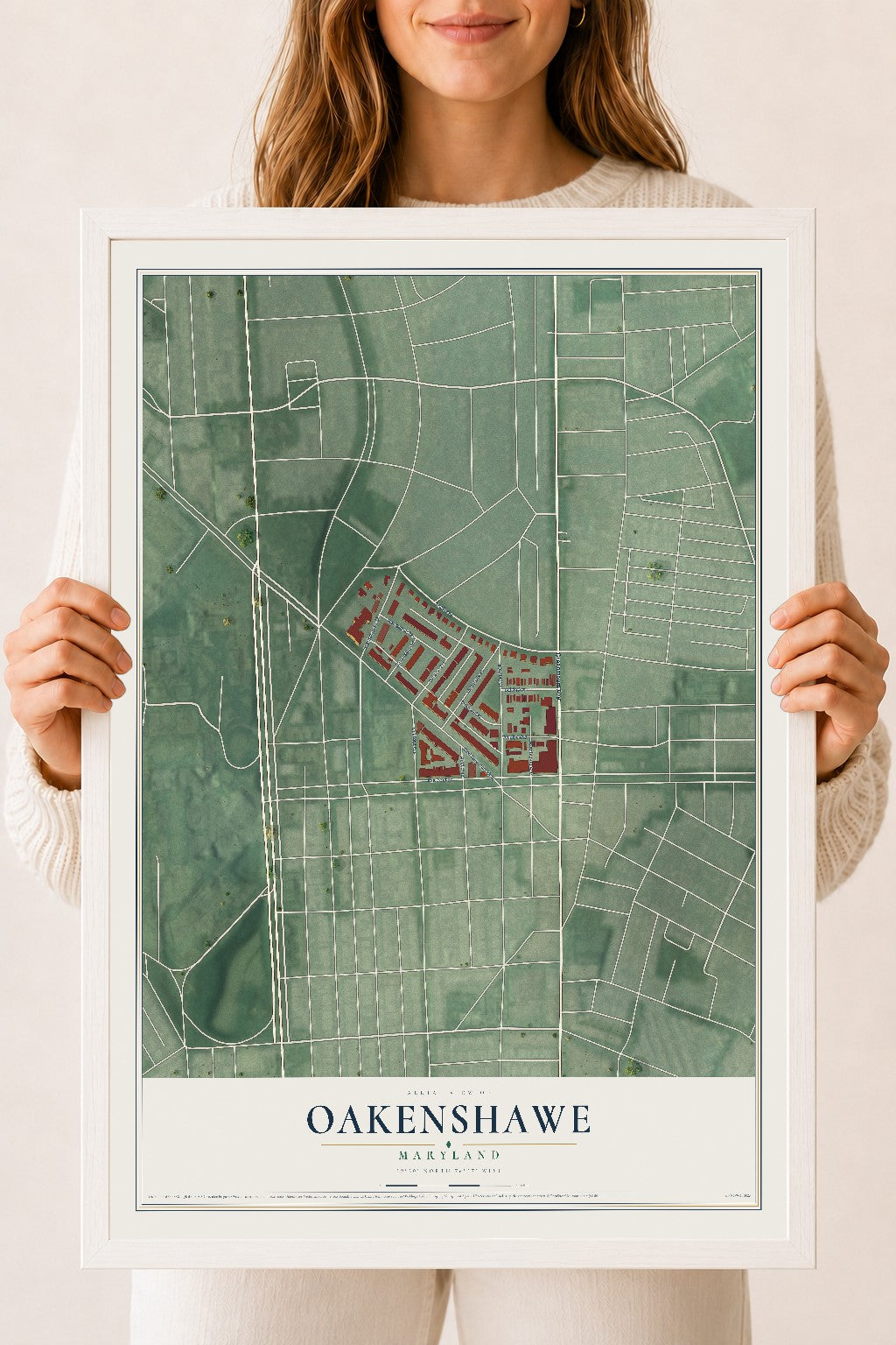 Map of Oakenshawe, Maryland, 18 x 24 inch print in a white wood frame