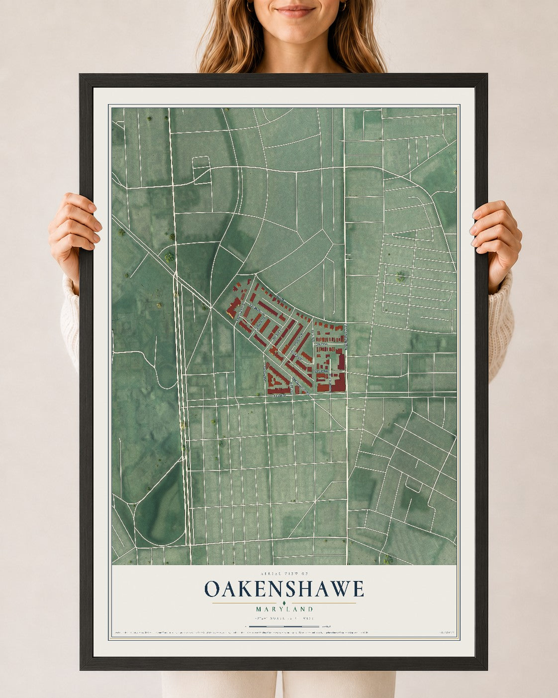 Map of Oakenshawe, Maryland, 24 x 36 inch print in a black wood frame