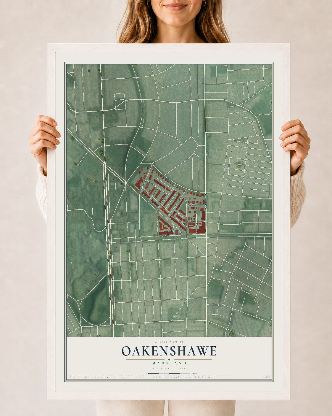 Map of Oakenshawe, Maryland, 24 x 36 inch print in a white wood frame