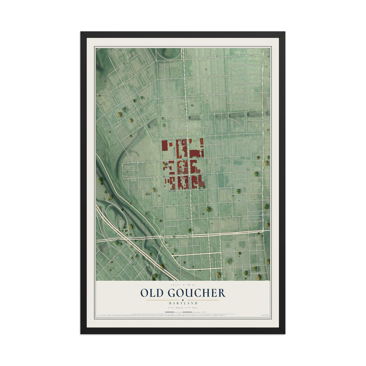 Map of Old Goucher, Maryland, 12 x 18 inch print in a black wood frame