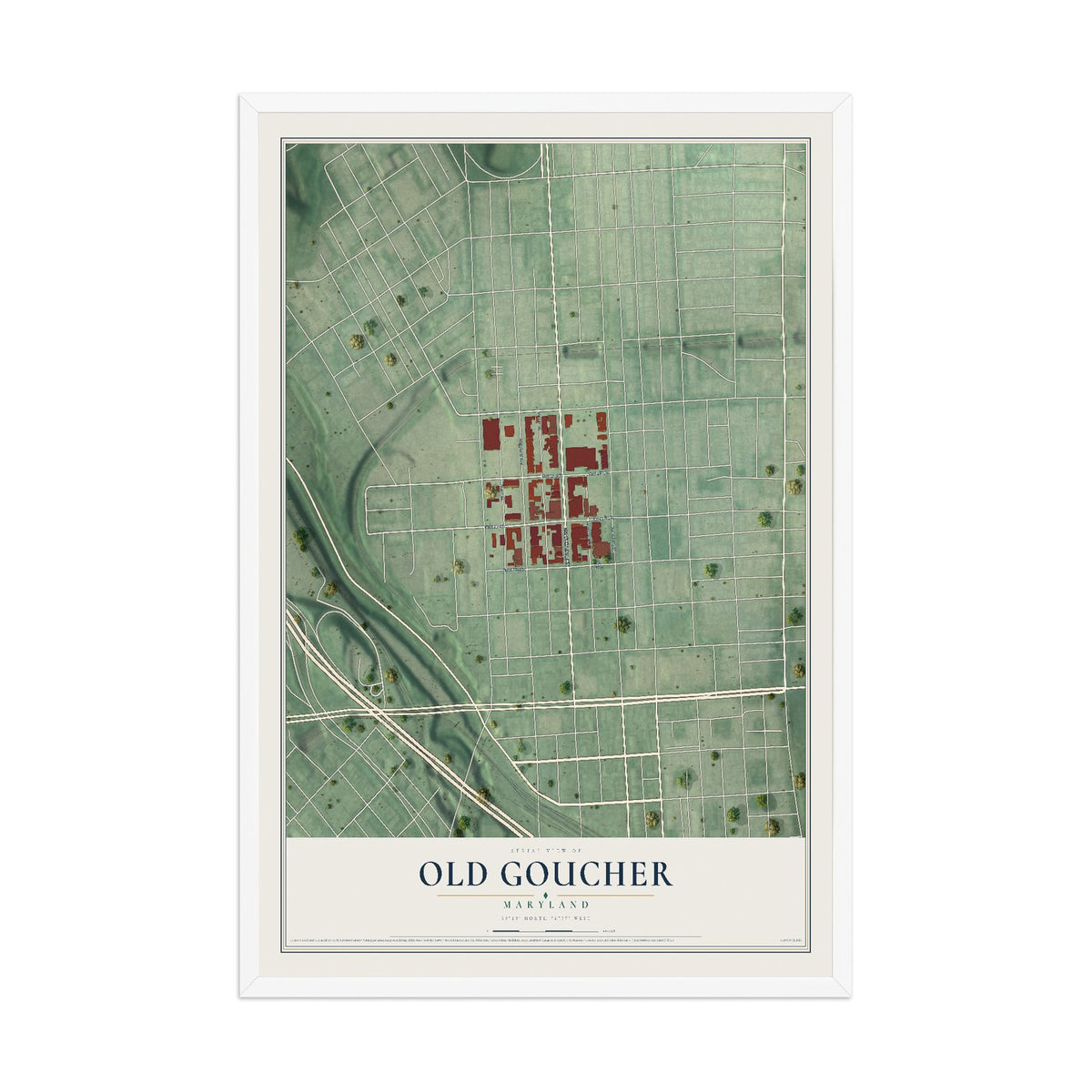 Map of Old Goucher, Maryland, 12 x 18 inch print in a white wood frame