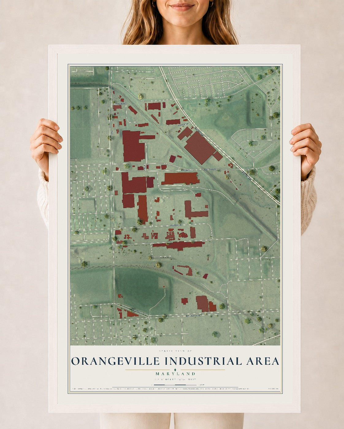 Map of Orangeville Industrial Area, Maryland, 24 x 36 inch print in a white wood frame