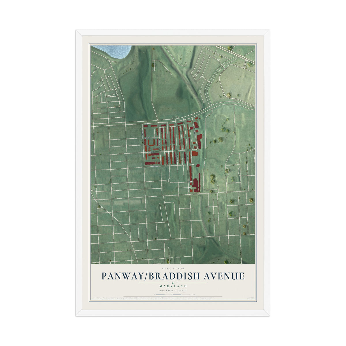 Map of Panway-Braddish Avenue, Maryland, 12 x 18 inch print in a white wood frame