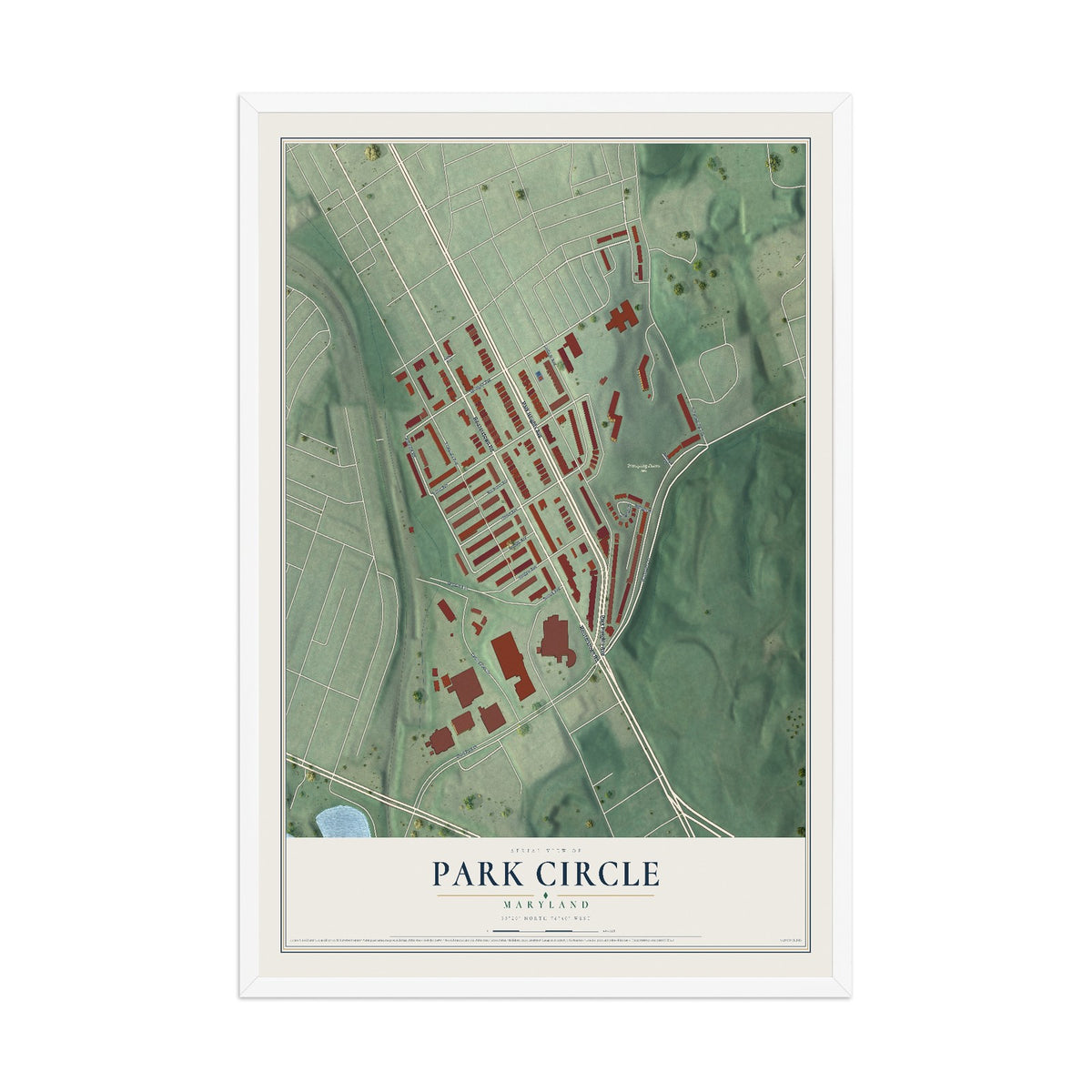 Map of Park Circle, Maryland, 12 x 18 inch print in a white wood frame