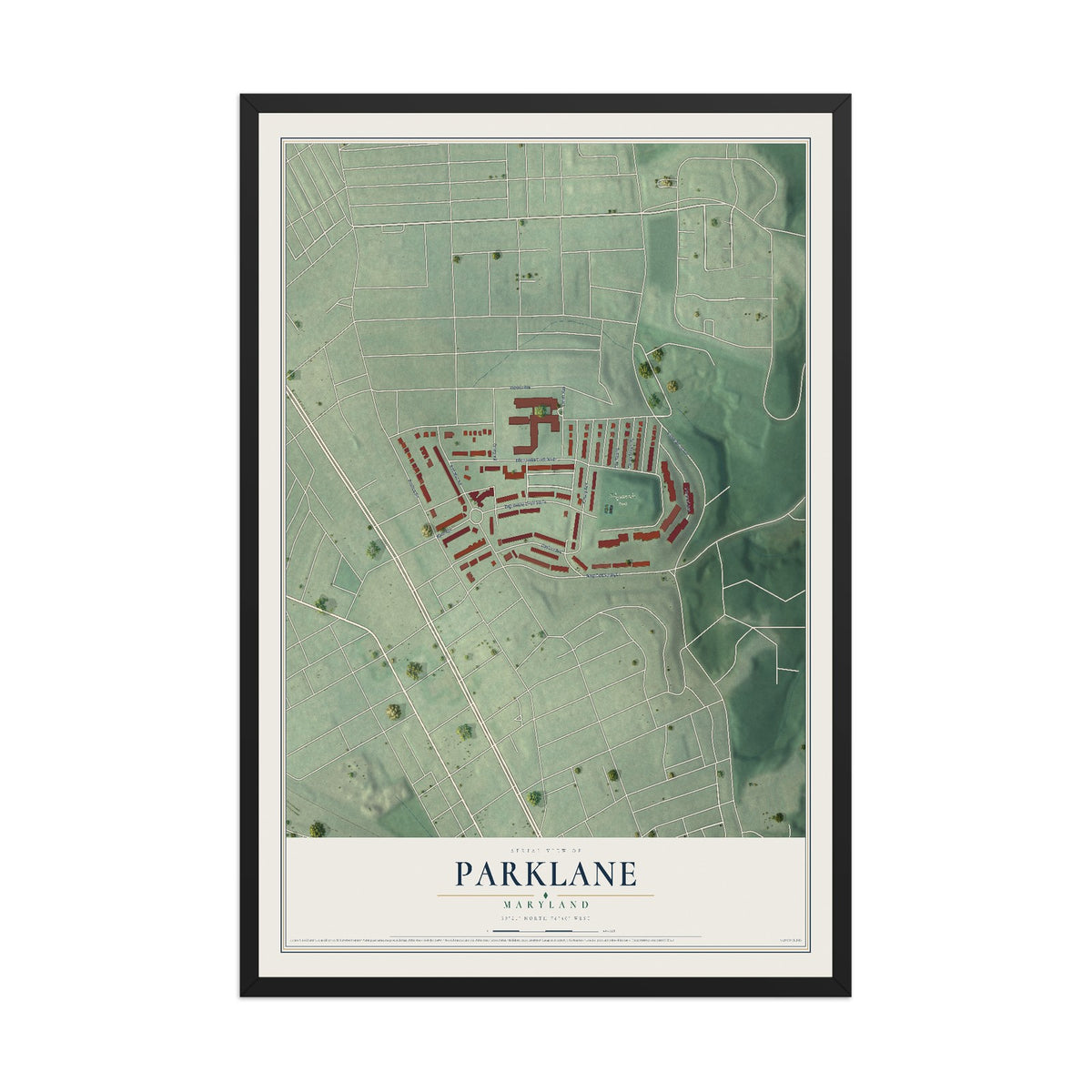 Map of Parklane, Maryland, 12 x 18 inch print in a black wood frame