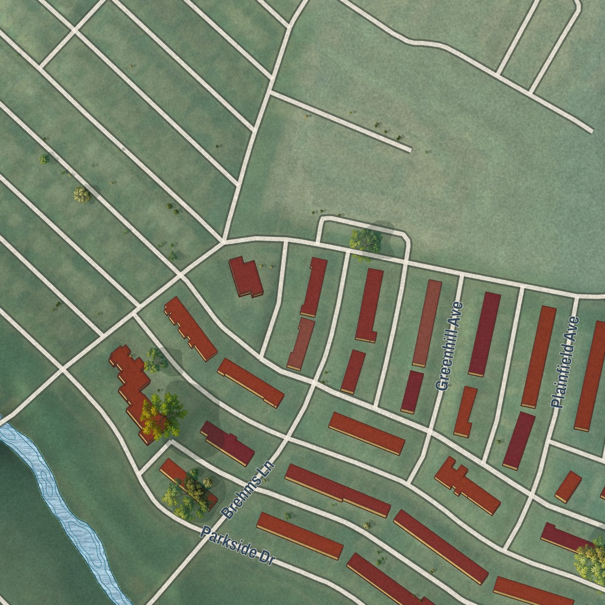 Second close-up of the map of Parkside, Maryland print showing more streets and buildings