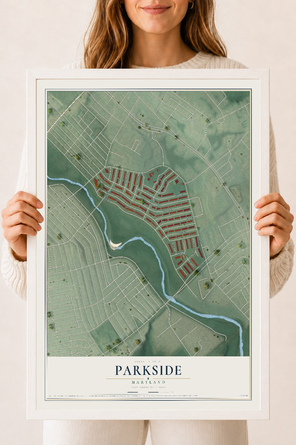 Map of Parkside, Maryland, 18 x 24 inch print in a white wood frame