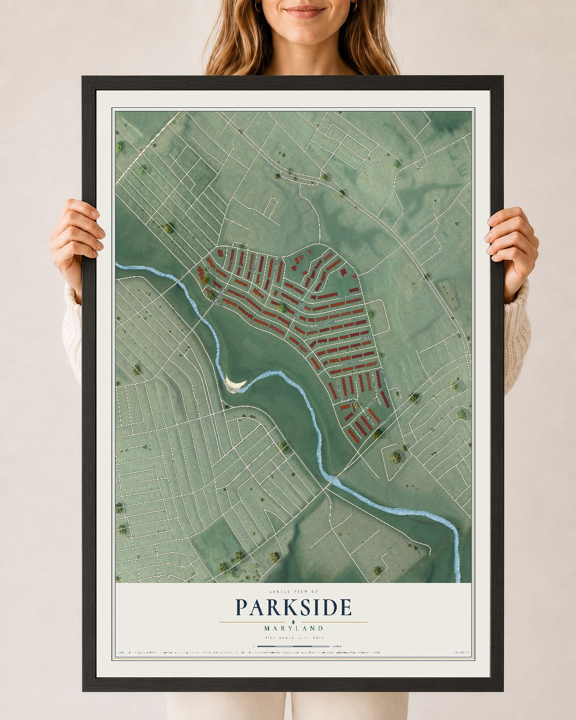 Map of Parkside, Maryland, 24 x 36 inch print in a black wood frame