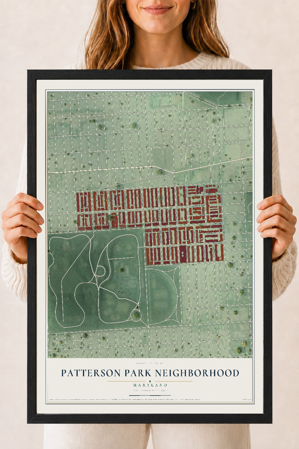 Map of Patterson Park Neighborhood, Maryland, 18 x 24 inch print in a black wood frame