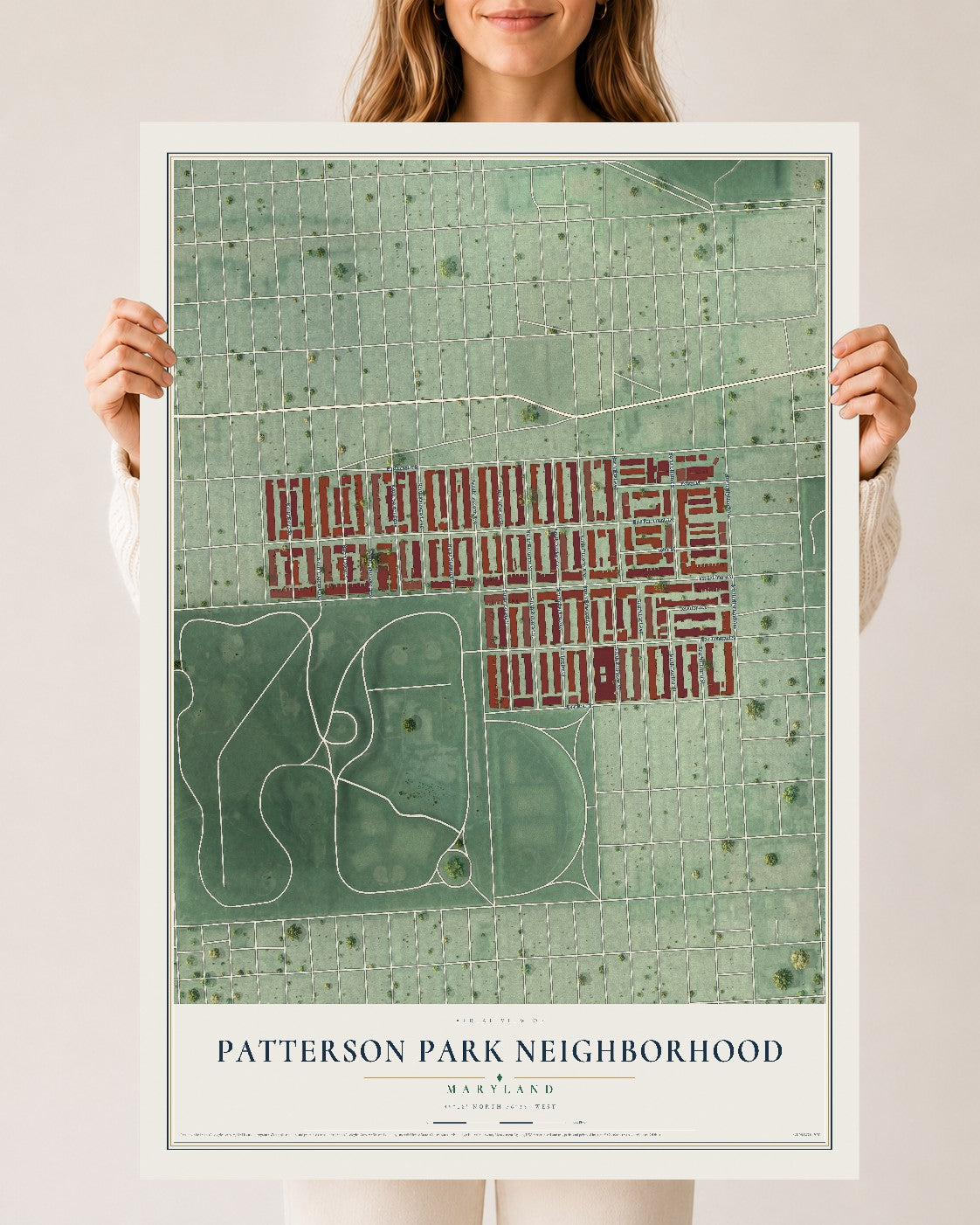 Map of Patterson Park Neighborhood, Maryland, 24 x 36 inch unframed archival matte print