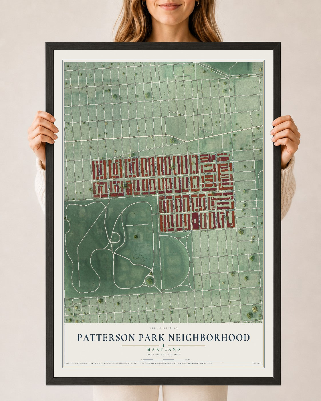 Map of Patterson Park Neighborhood, Maryland, 24 x 36 inch print in a black wood frame
