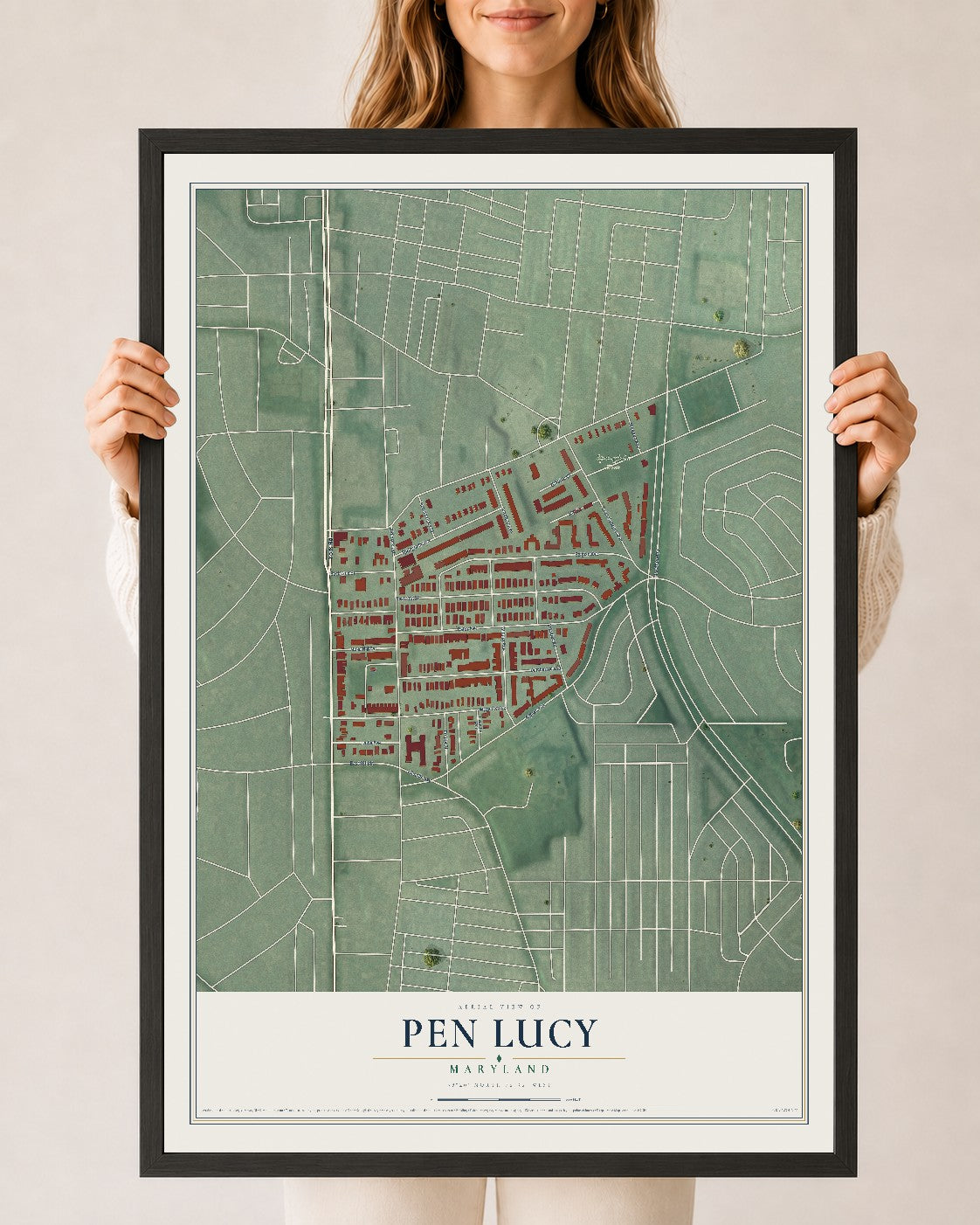 Map of Pen Lucy, Maryland, 24 x 36 inch print in a black wood frame