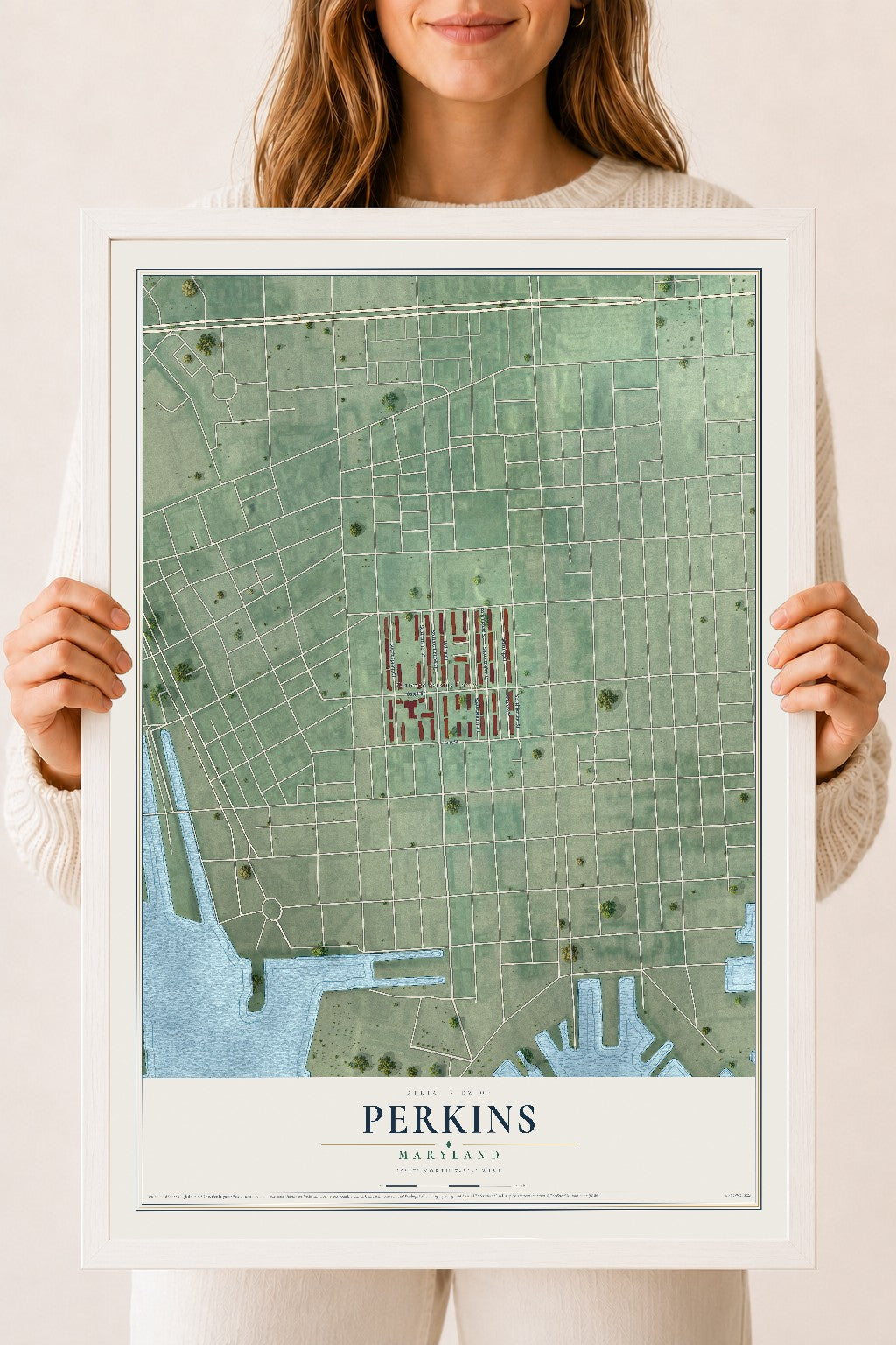 Map of Perkins, Maryland, 18 x 24 inch print in a white wood frame