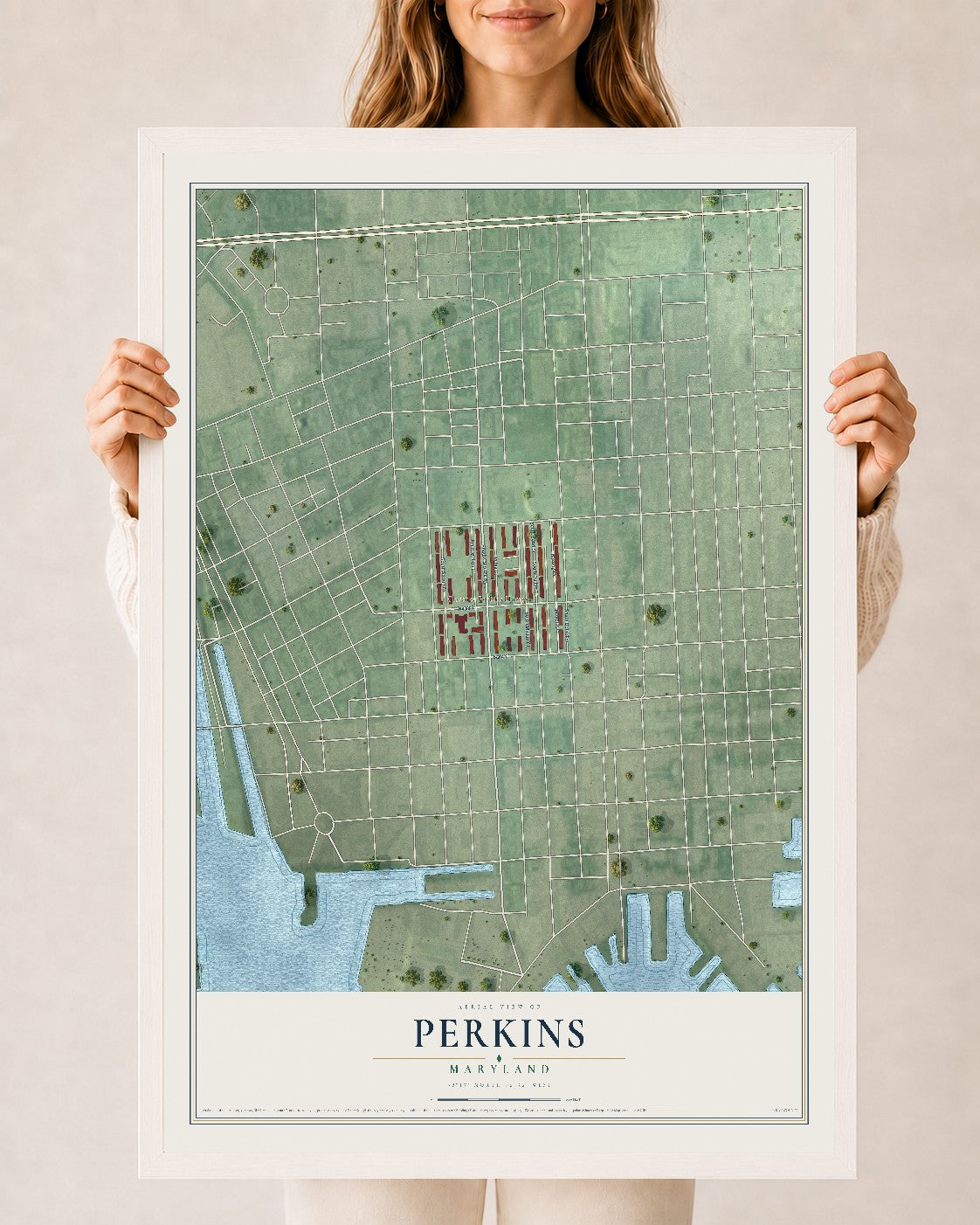 Map of Perkins, Maryland, 24 x 36 inch print in a white wood frame