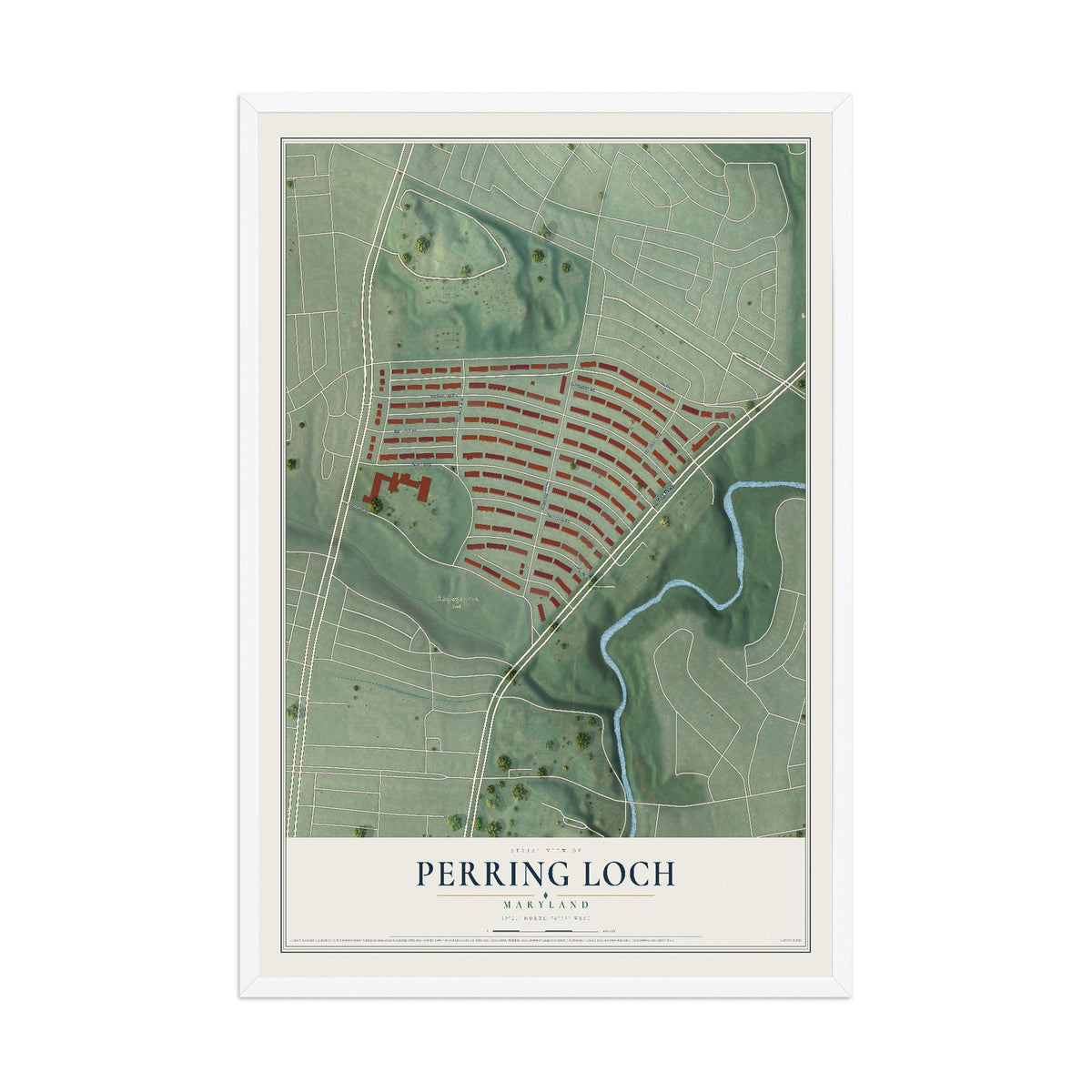 Map of Perring Loch, Maryland, 12 x 18 inch print in a white wood frame