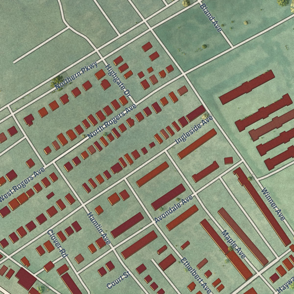 Close-up of the map of Pimlico Good Neighbors, Maryland print showing street and building detail