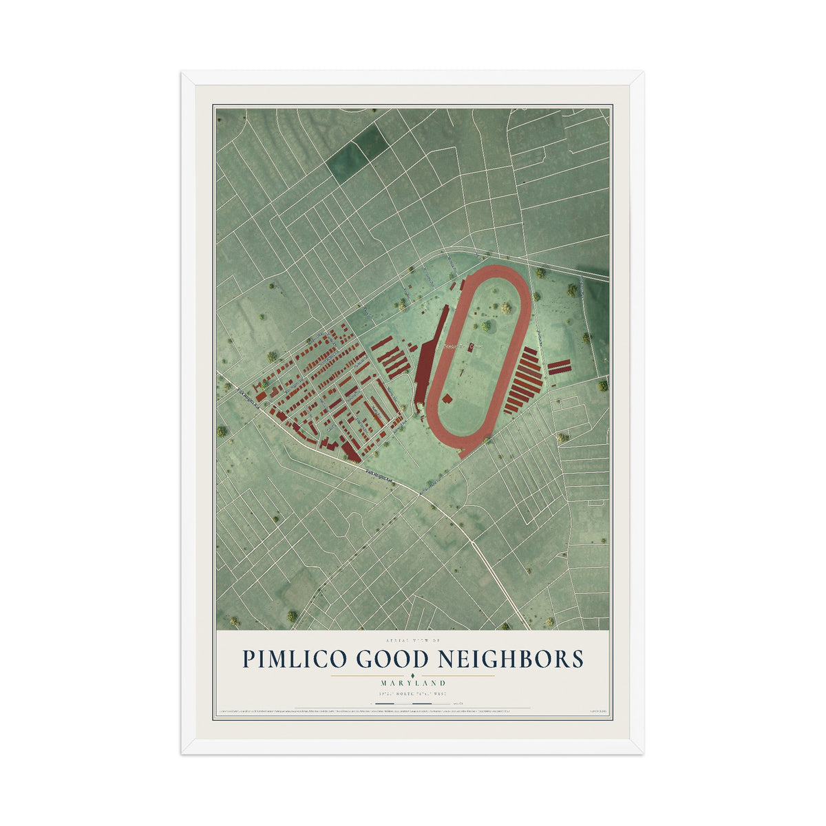 Map of Pimlico Good Neighbors, Maryland, 12 x 18 inch print in a white wood frame
