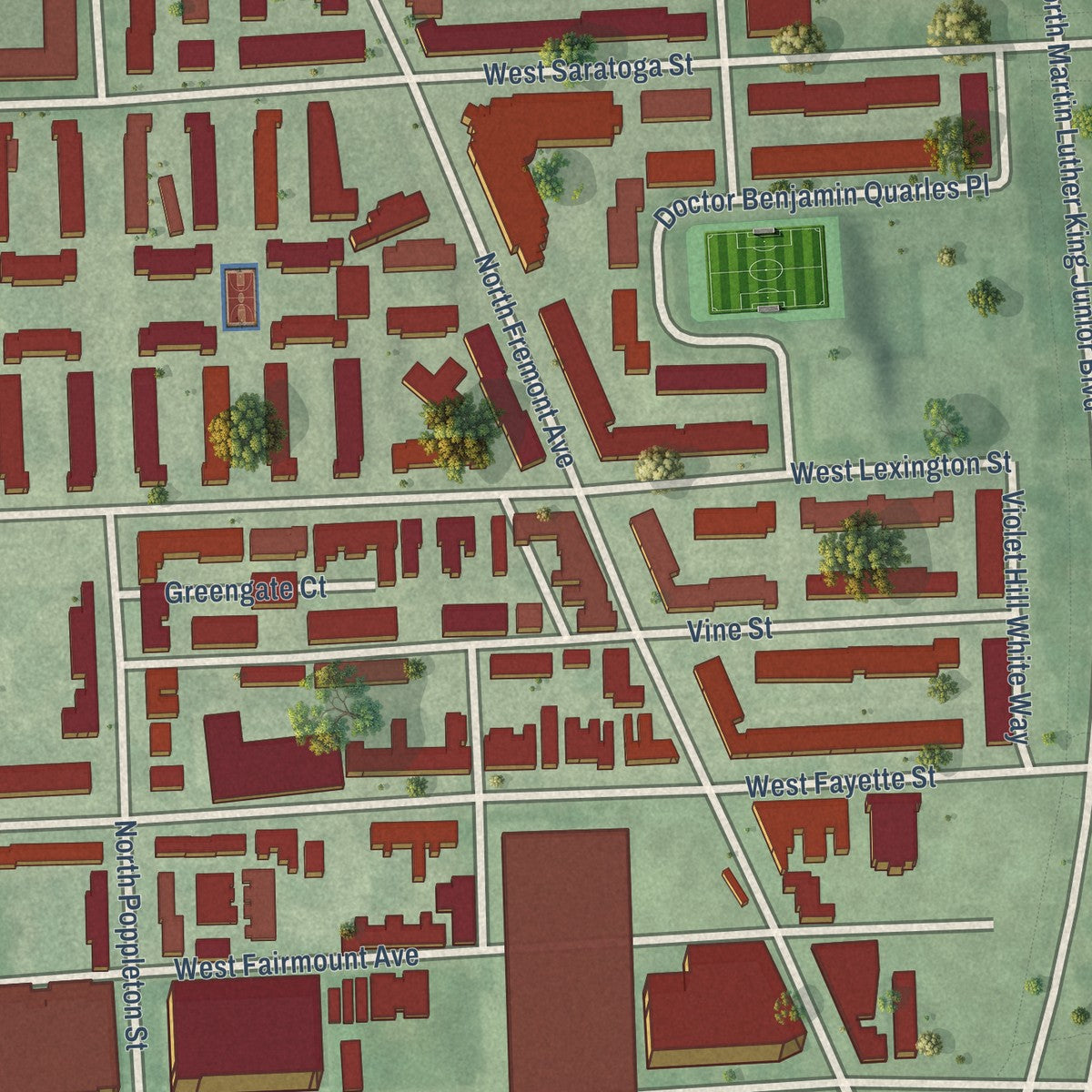 Close-up of the map of Poppleton, Maryland print showing street and building detail
