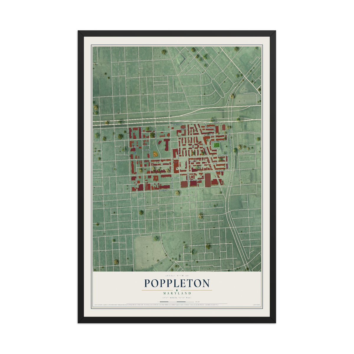 Map of Poppleton, Maryland, 12 x 18 inch print in a black wood frame