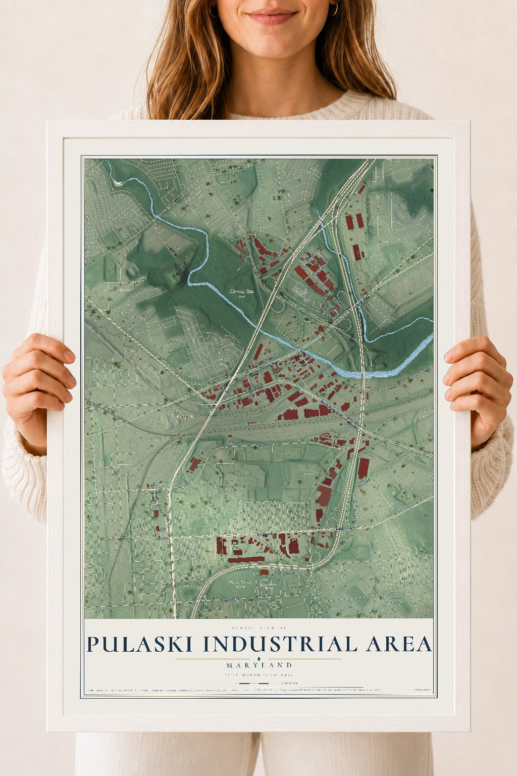 Map of Pulaski Industrial Area, Maryland, 18 x 24 inch print in a white wood frame