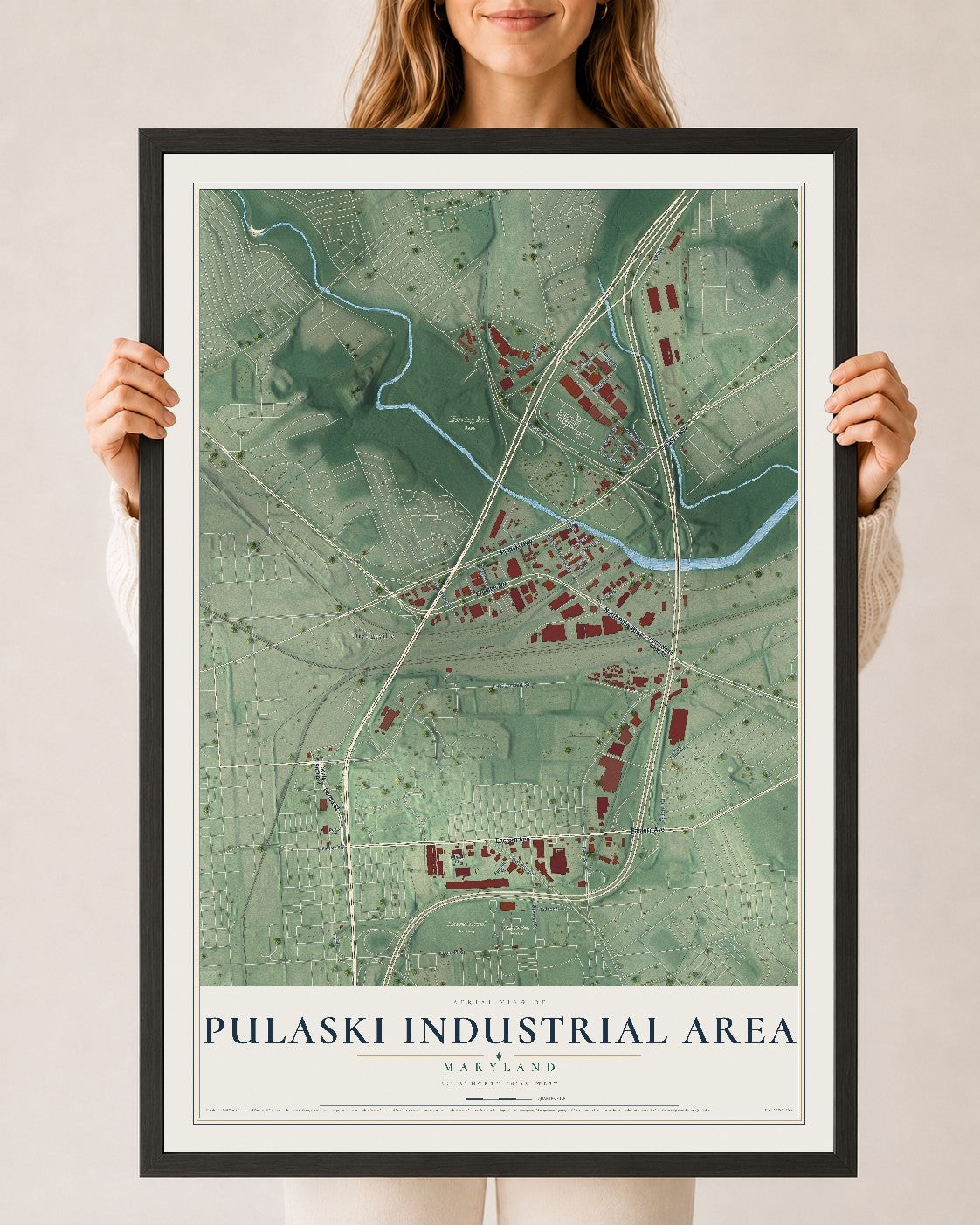 Map of Pulaski Industrial Area, Maryland, 24 x 36 inch print in a black wood frame