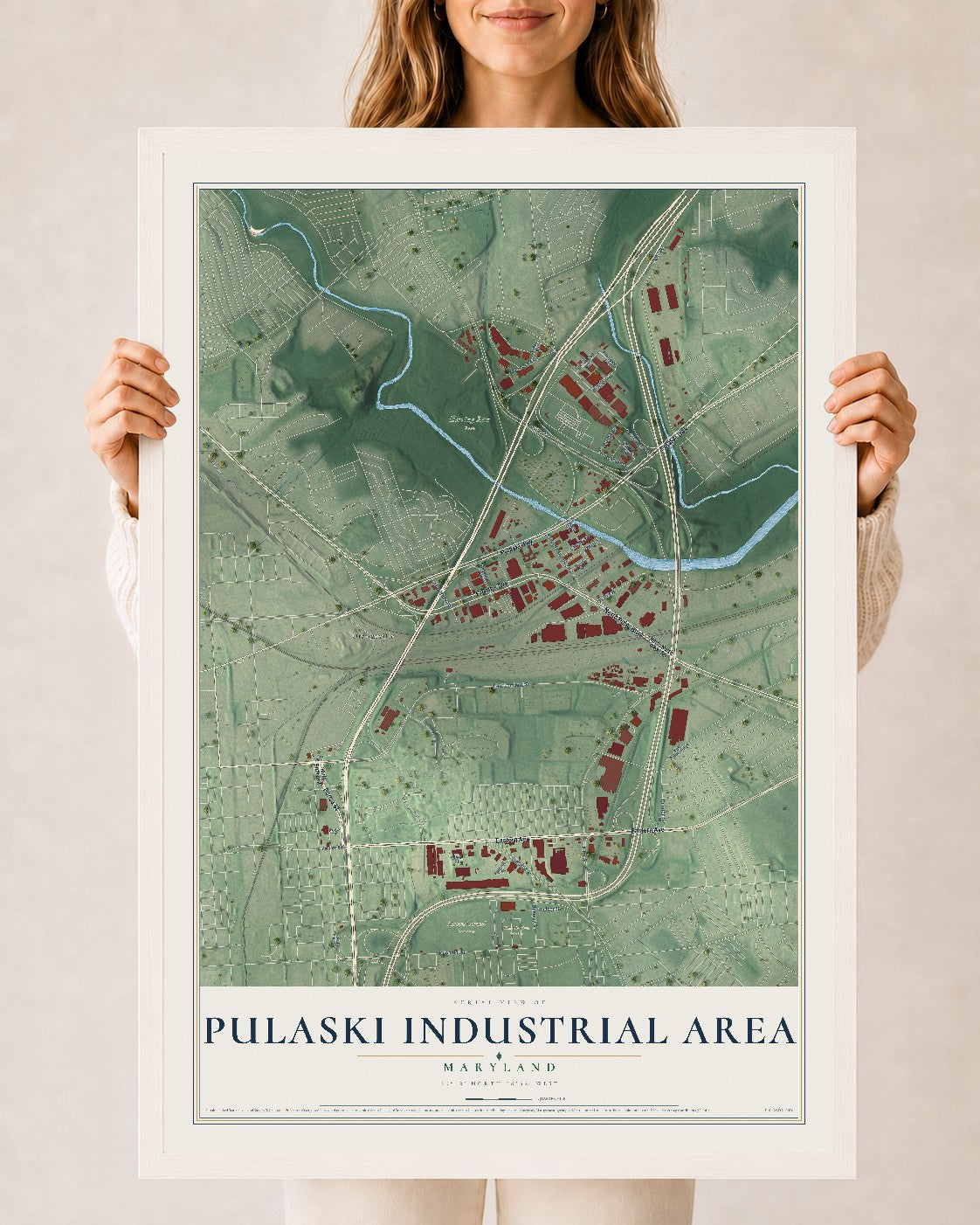 Map of Pulaski Industrial Area, Maryland, 24 x 36 inch print in a white wood frame