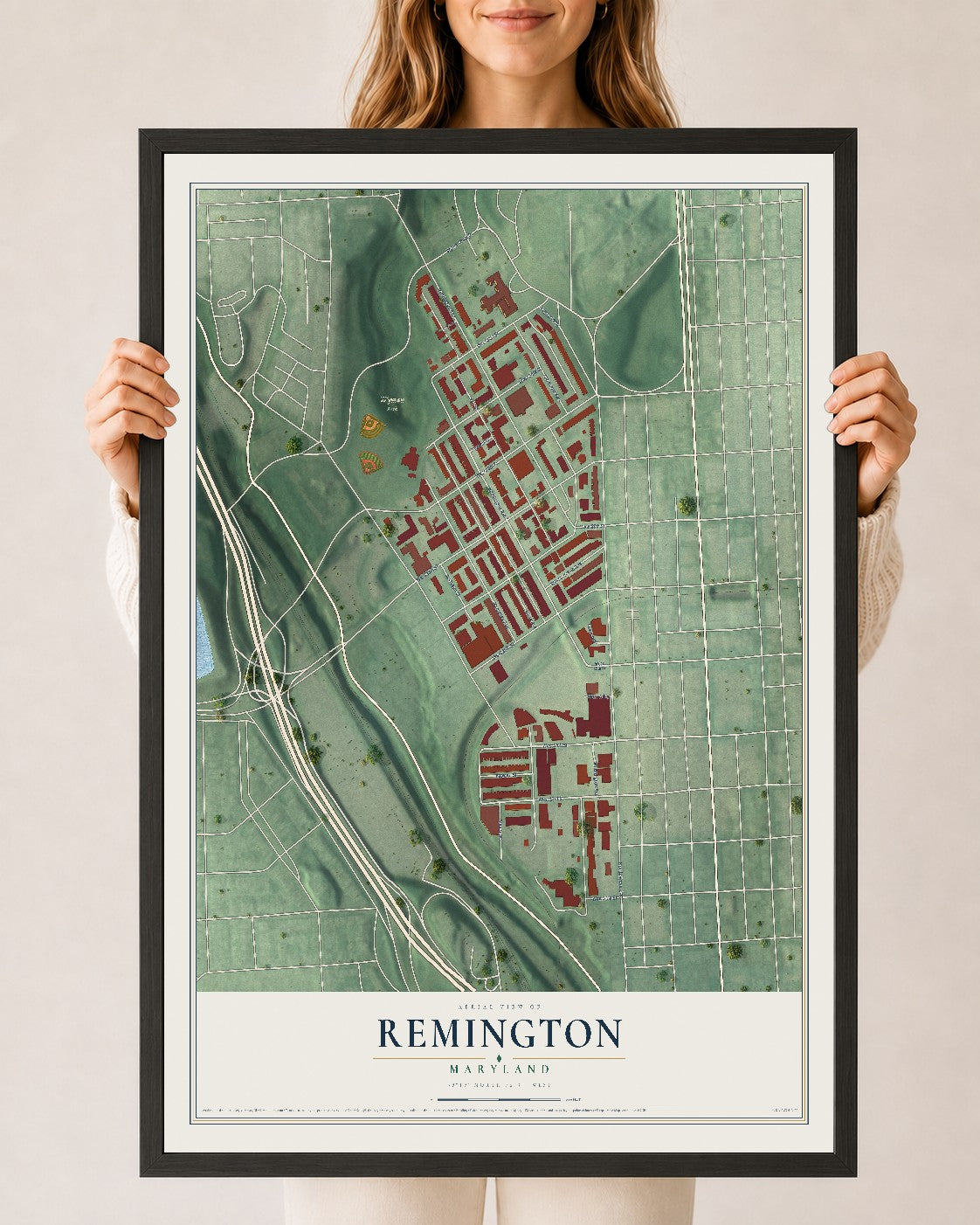 Map of Remington, Maryland, 24 x 36 inch print in a black wood frame