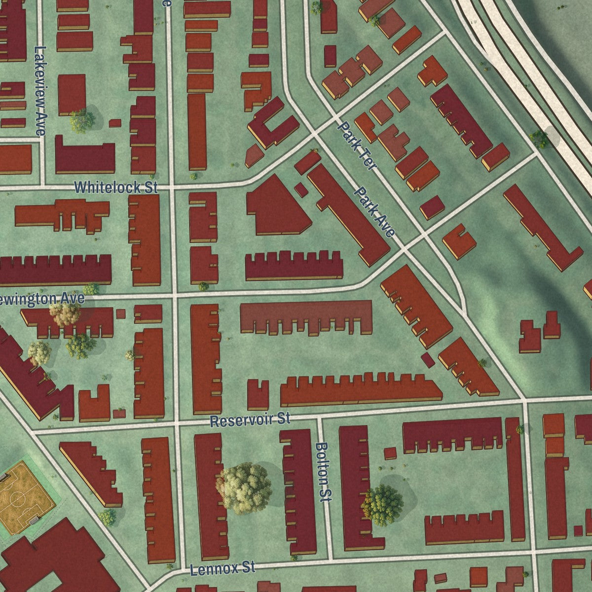 Second close-up of the map of Reservoir Hill, Maryland print showing more streets and buildings