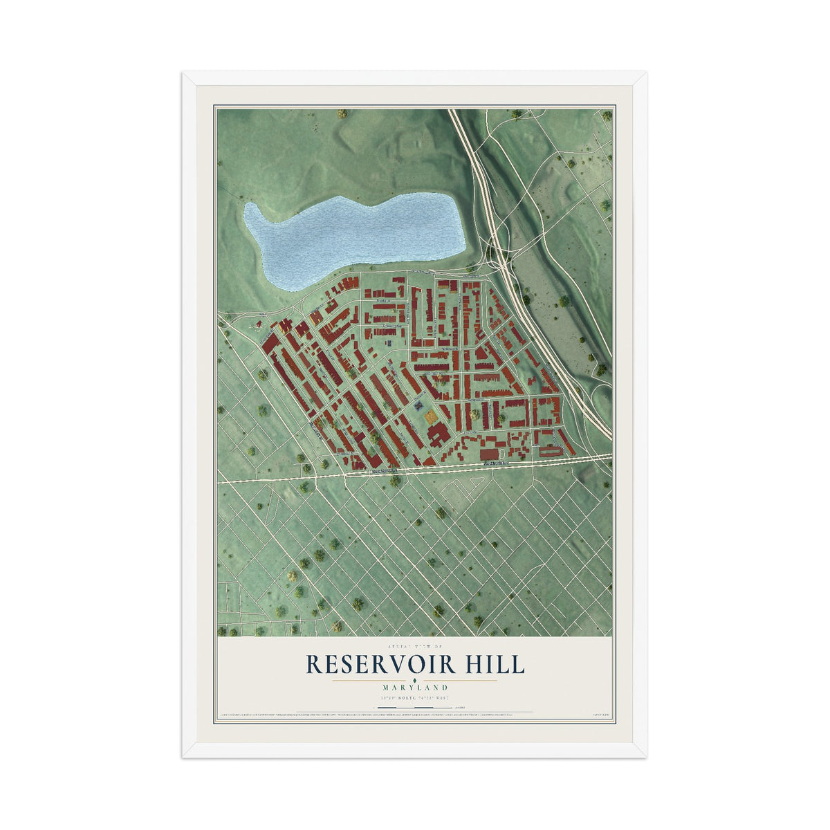 Map of Reservoir Hill, Maryland, 12 x 18 inch print in a white wood frame