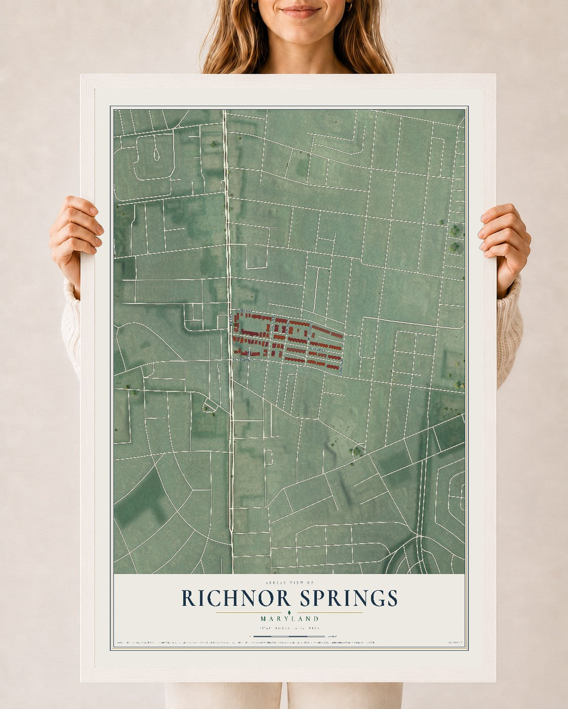 Map of Richnor Springs, Maryland, 24 x 36 inch print in a white wood frame