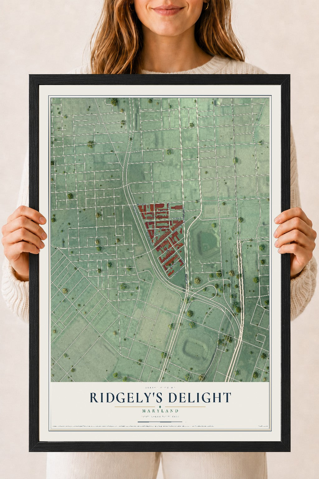 Map of Ridgely's Delight, Maryland, 18 x 24 inch print in a black wood frame