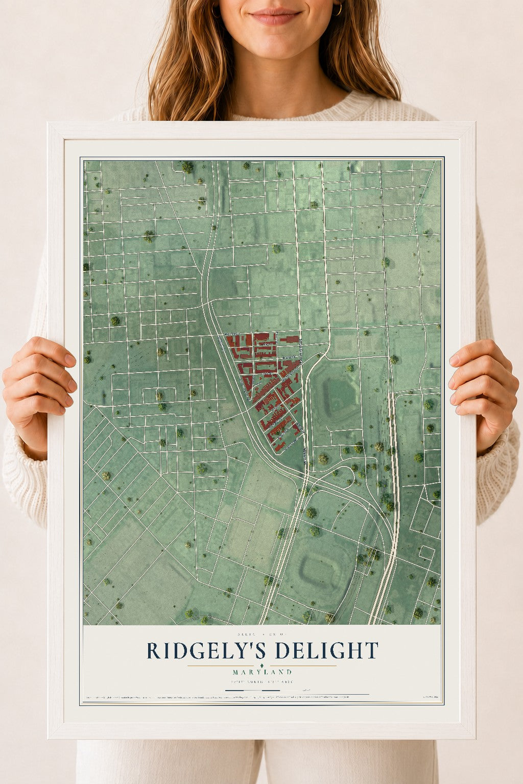 Map of Ridgely's Delight, Maryland, 18 x 24 inch print in a white wood frame