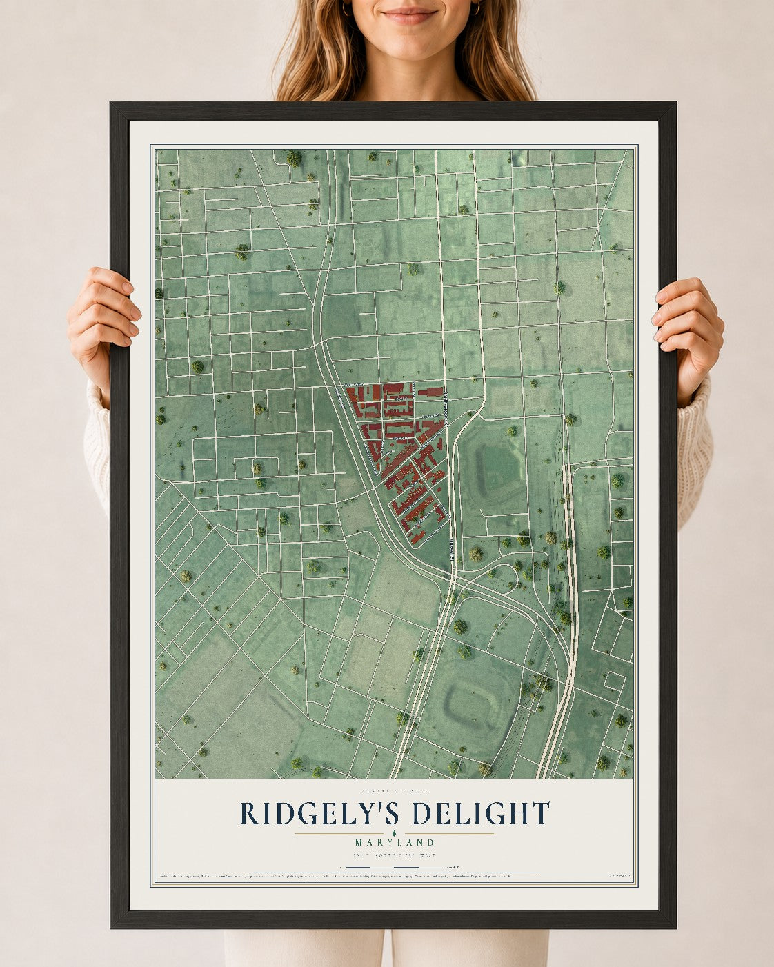 Map of Ridgely's Delight, Maryland, 24 x 36 inch print in a black wood frame