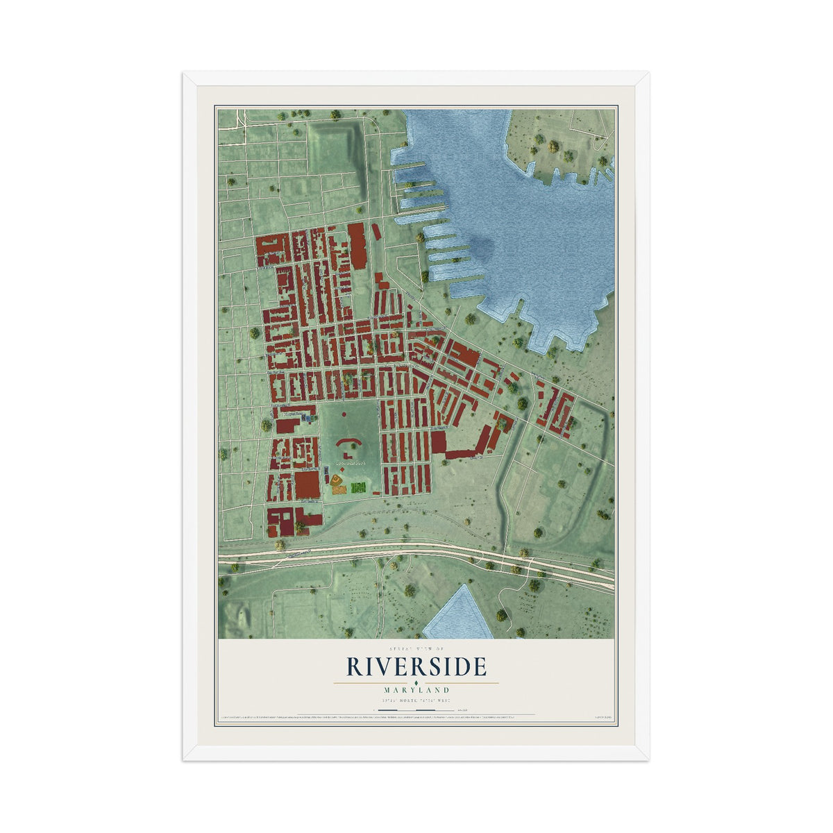 Map of Riverside, Maryland, 12 x 18 inch print in a white wood frame