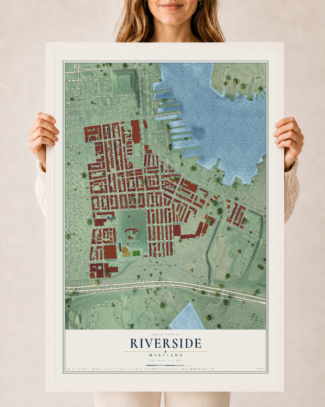 Map of Riverside, Maryland, 24 x 36 inch print in a white wood frame