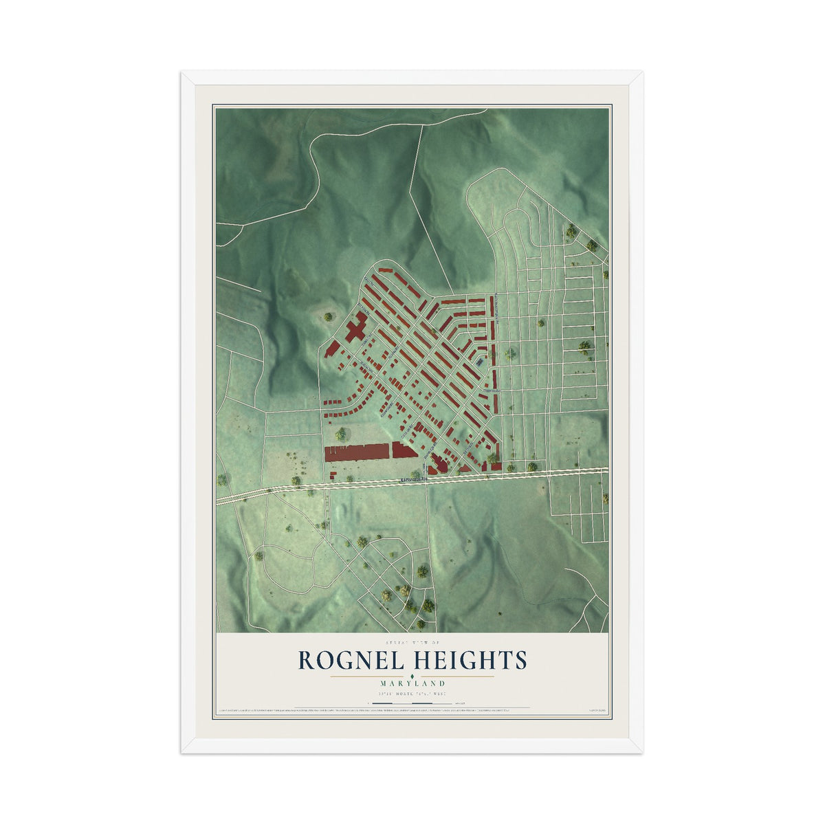Map of Rognel Heights, Maryland, 12 x 18 inch print in a white wood frame