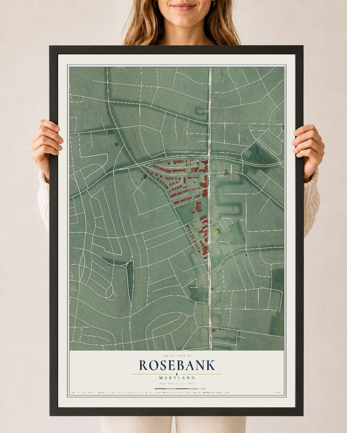 Map of Rosebank, Maryland, 24 x 36 inch print in a black wood frame