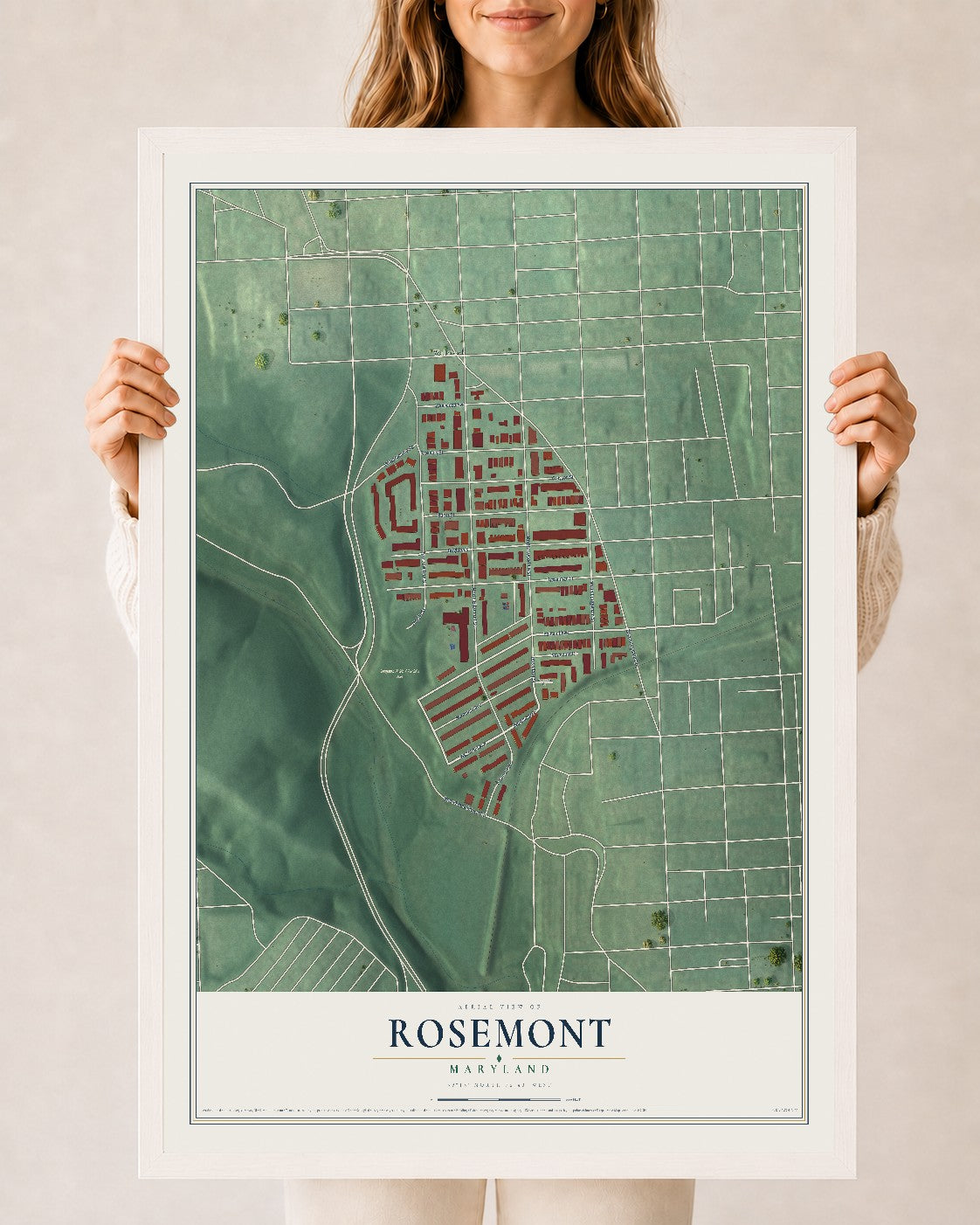 Map of Rosemont, Baltimore, Maryland, 24 x 36 inch print in a white wood frame