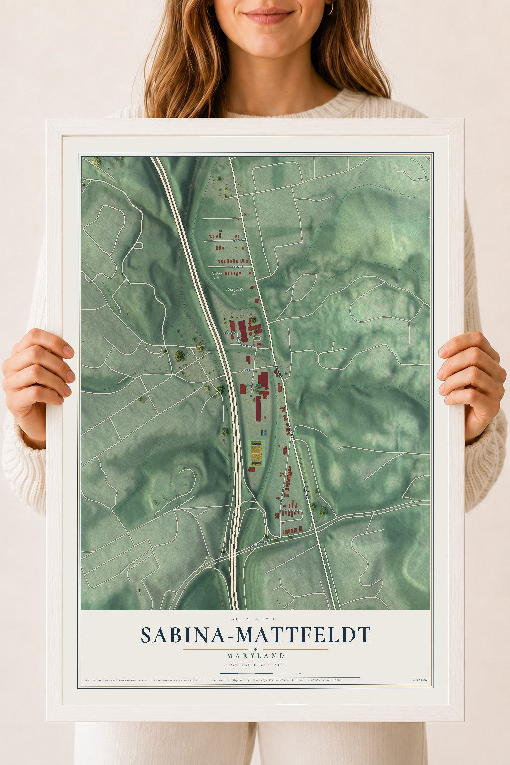 Map of Sabina-Mattfeldt, Maryland, 18 x 24 inch print in a white wood frame