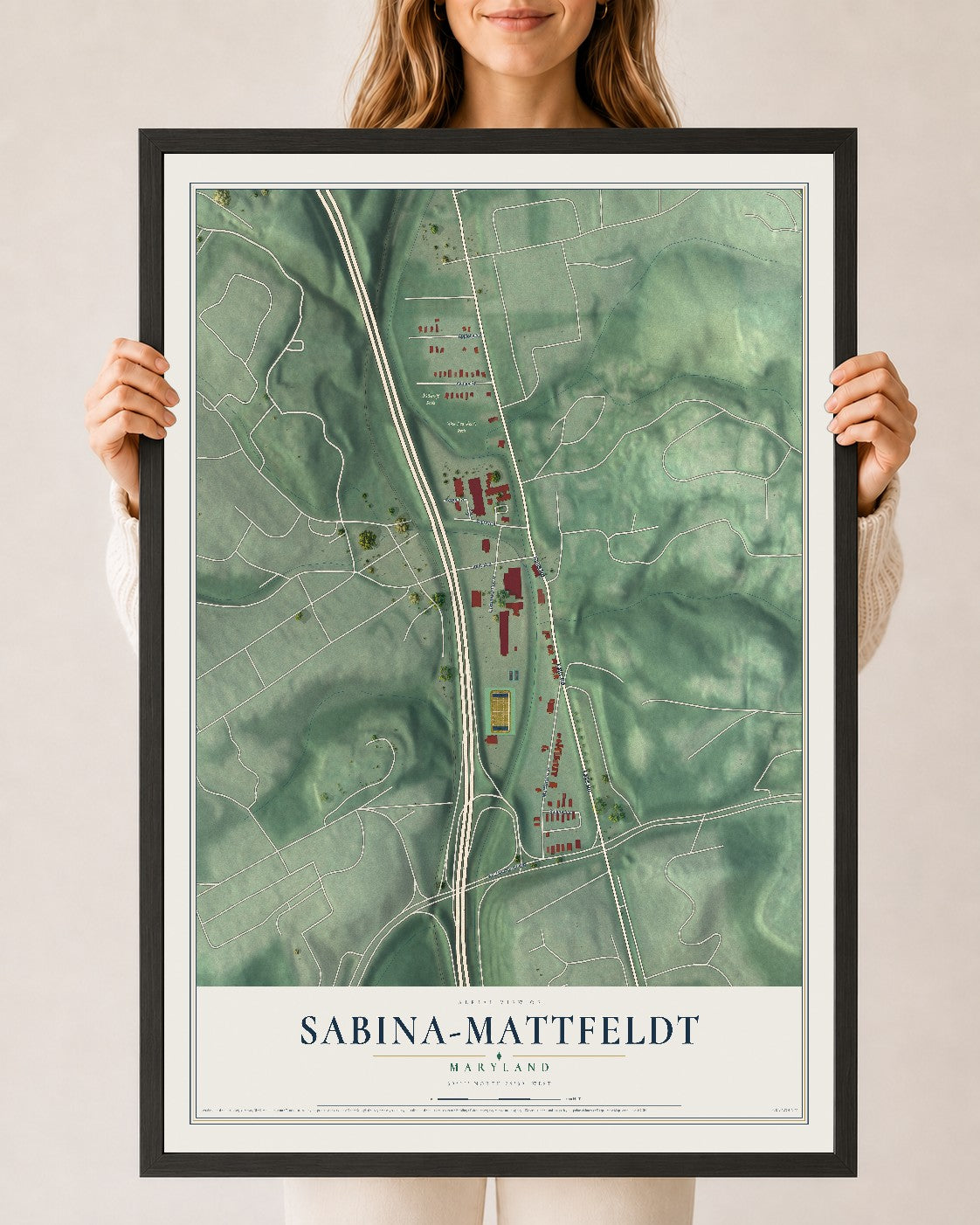 Map of Sabina-Mattfeldt, Maryland, 24 x 36 inch print in a black wood frame