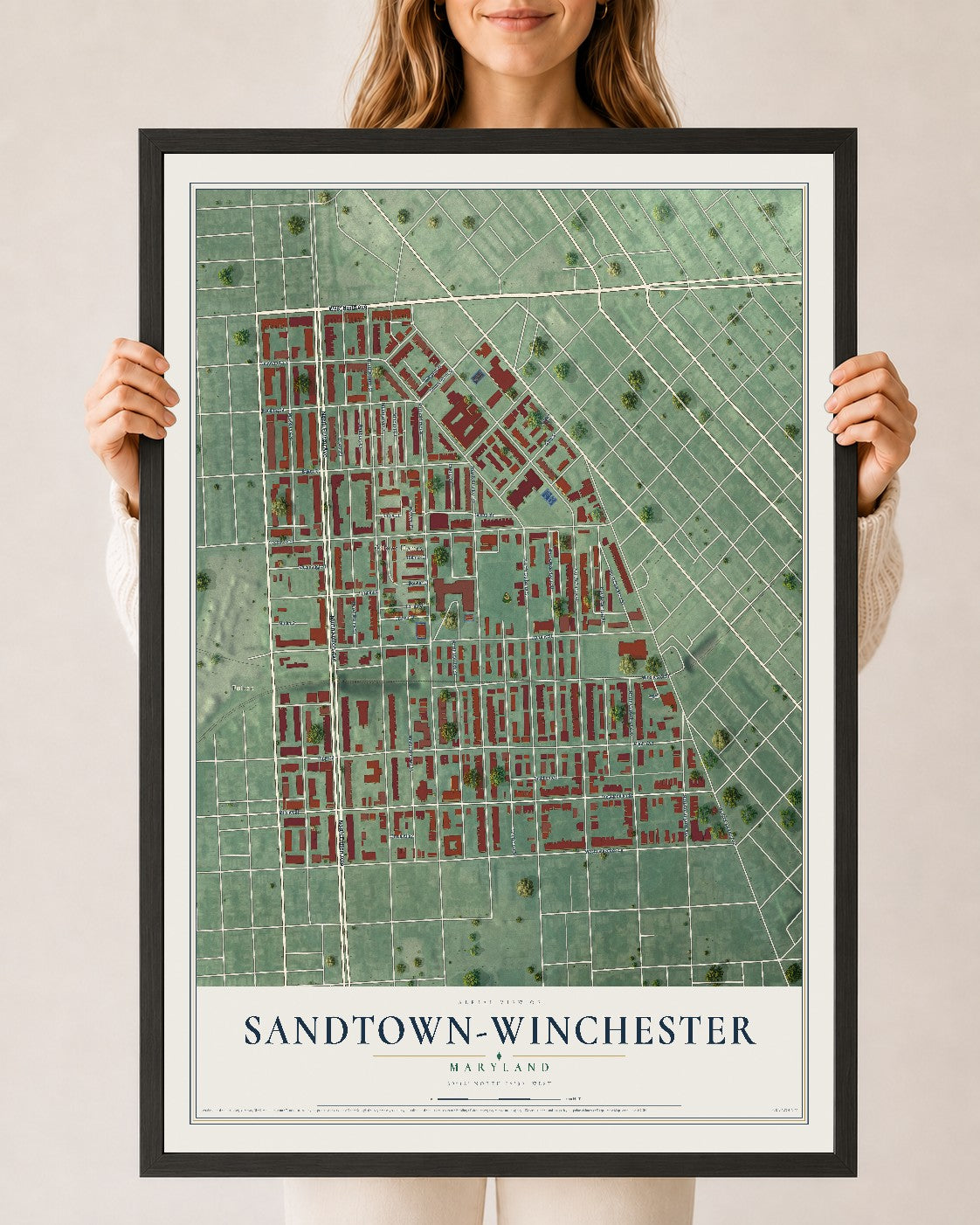 Map of Sandtown-Winchester, Maryland, 24 x 36 inch print in a black wood frame