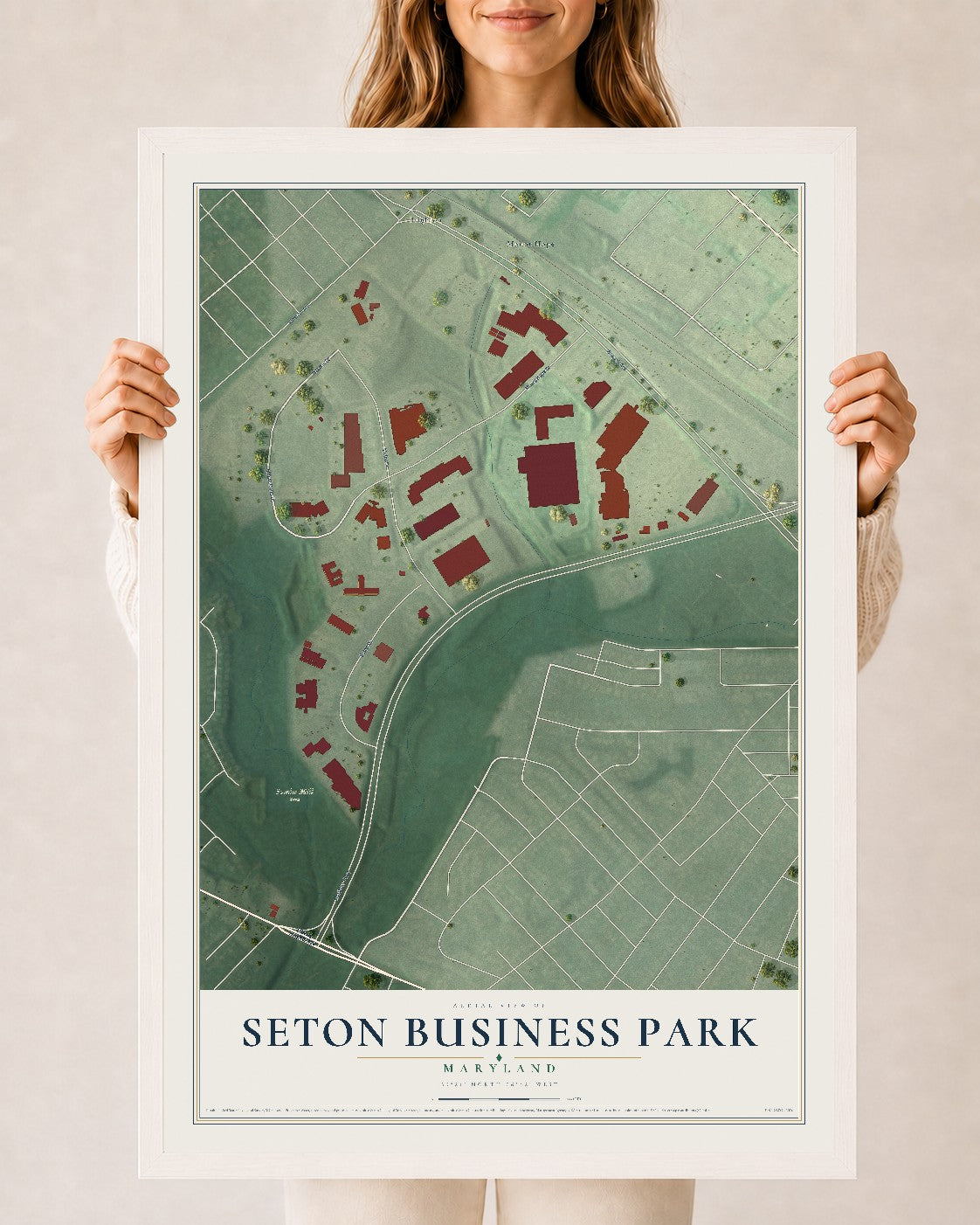 Map of Seton Business Park, Maryland, 24 x 36 inch print in a white wood frame