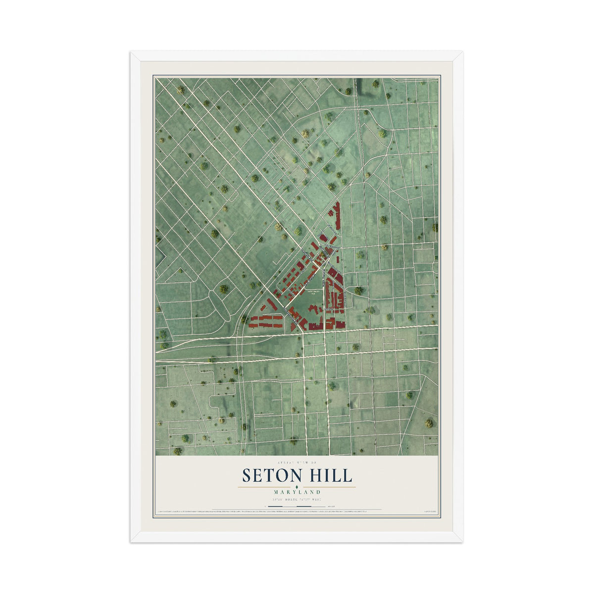 Map of Seton Hill, Maryland, 12 x 18 inch print in a white wood frame