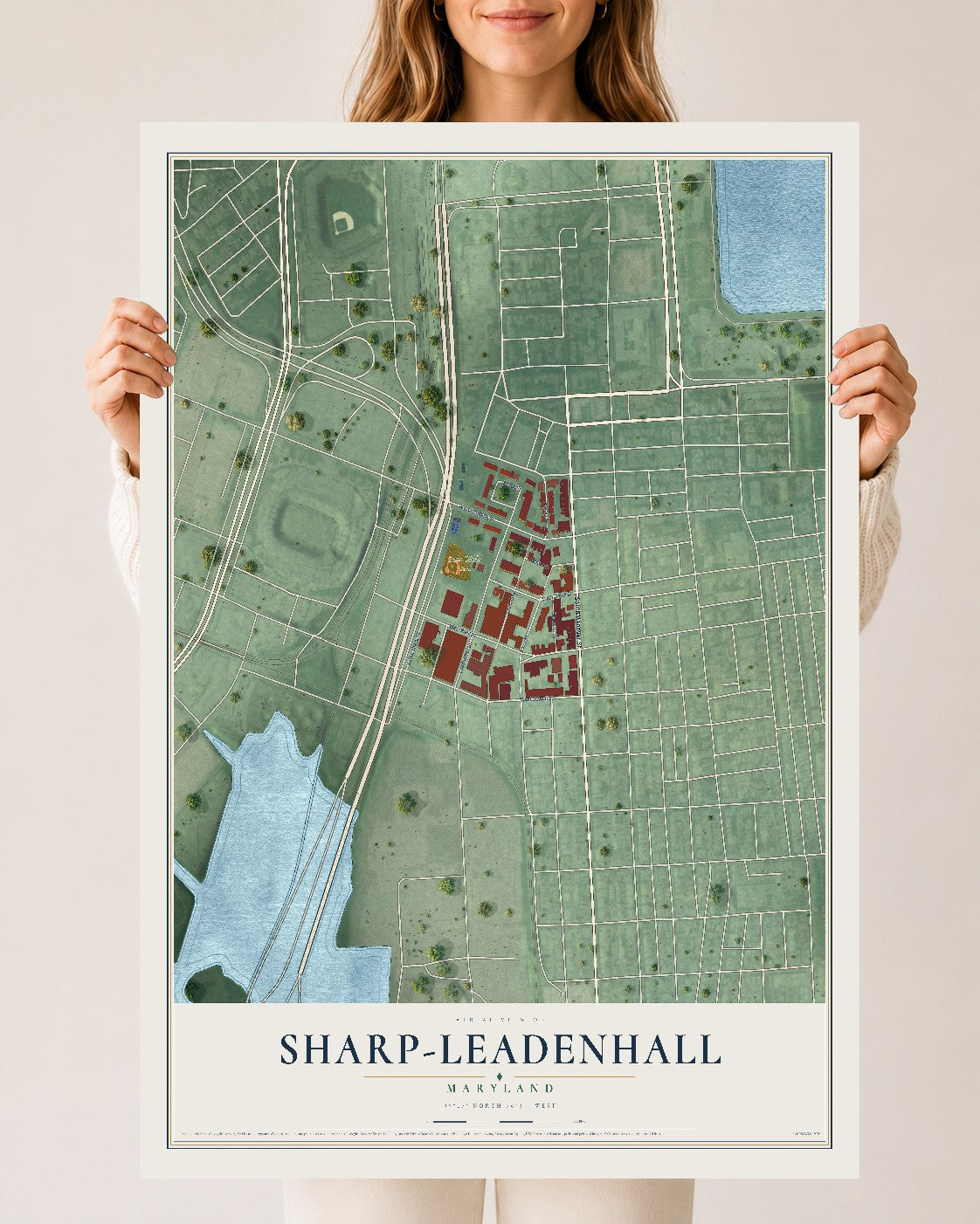 Map of Sharp-Leadenhall, Maryland, 24 x 36 inch unframed archival matte print