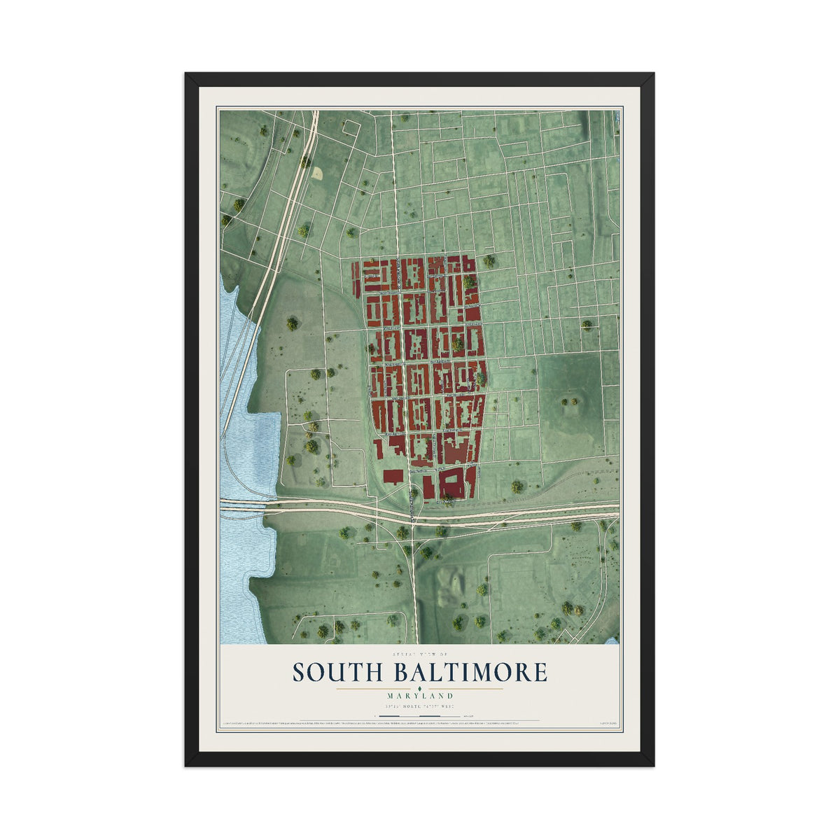 Map of South Baltimore, Maryland, 12 x 18 inch print in a black wood frame
