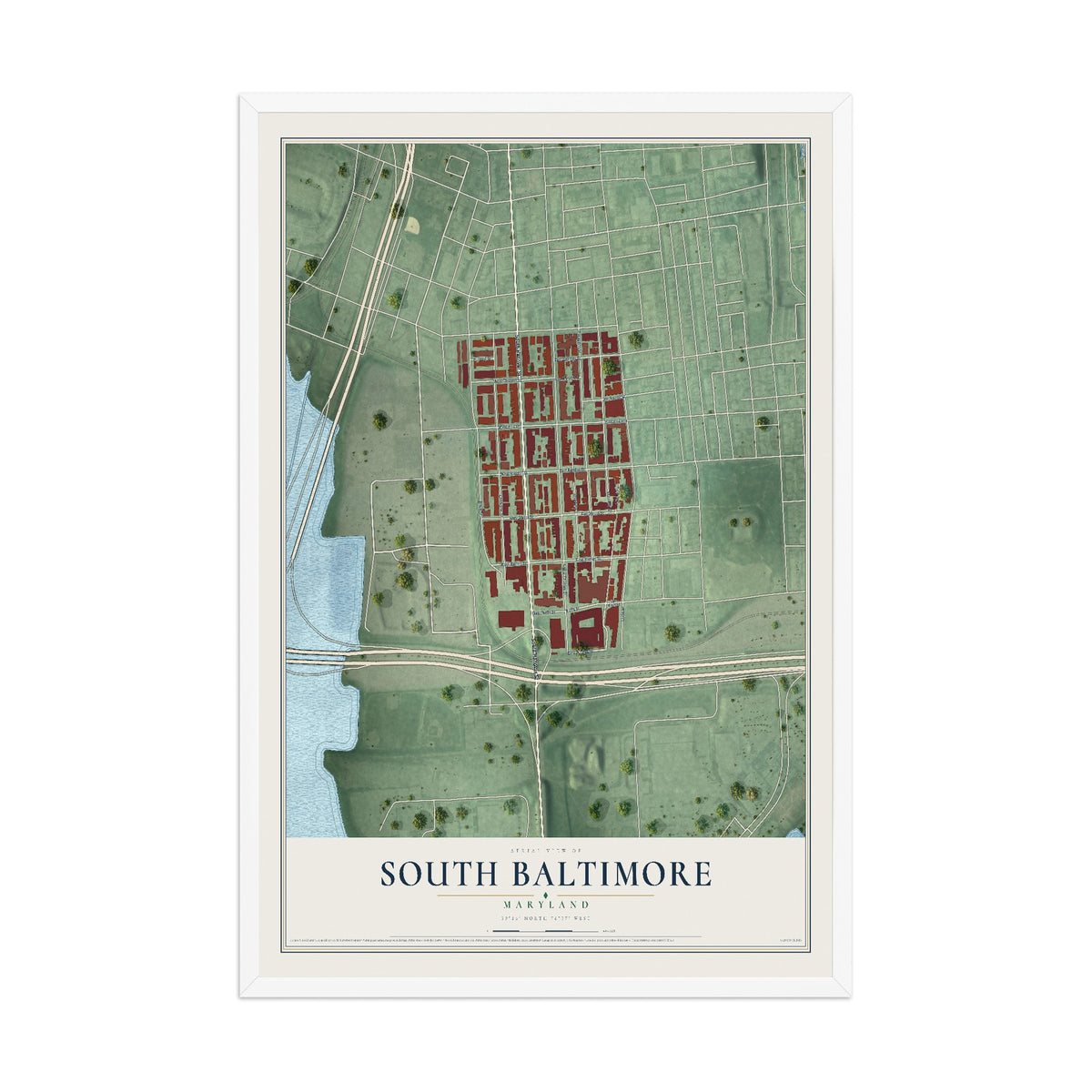 Map of South Baltimore, Maryland, 12 x 18 inch print in a white wood frame