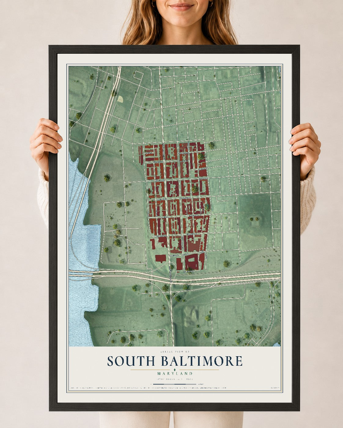 Map of South Baltimore, Maryland, 24 x 36 inch print in a black wood frame